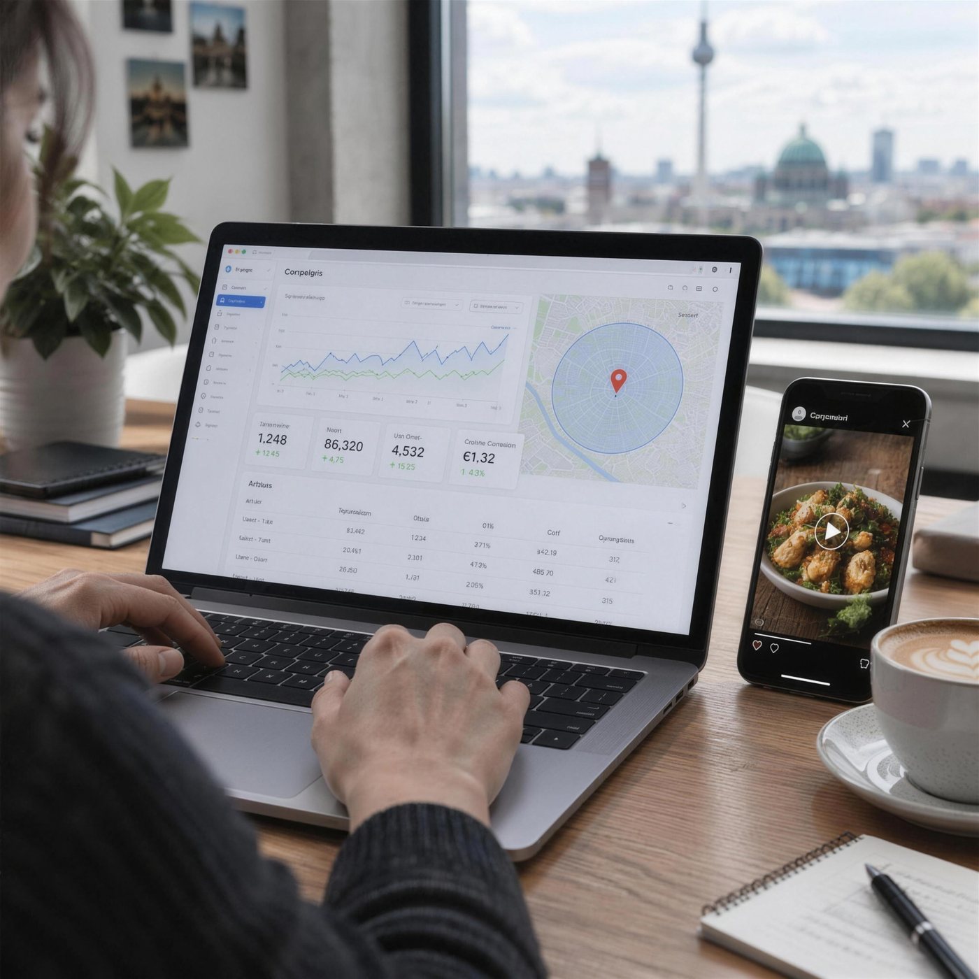 Laptop mit Kampagnen-Dashboard und Umkreis-Karte, daneben ein Smartphone mit gesponserter Anzeige
