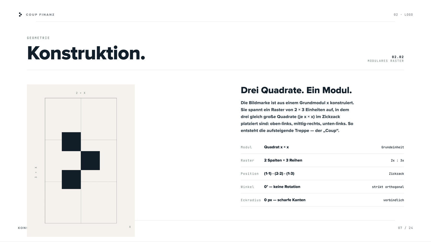 Konstruktion des Coup-Logos: drei Quadrate, ein Modul