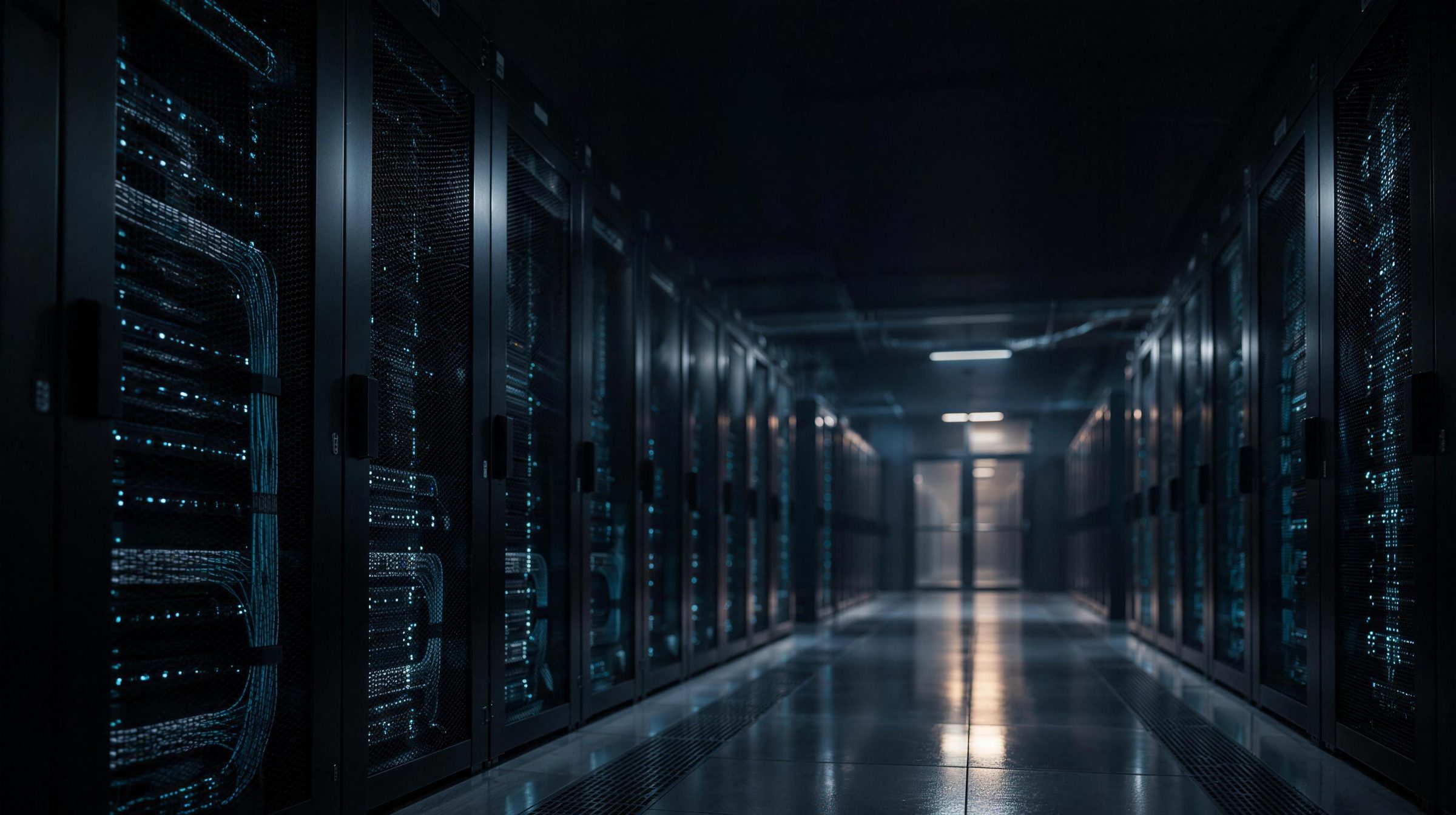 Serverraum: Reihen von Server-Racks mit leuchtenden Status-LEDs